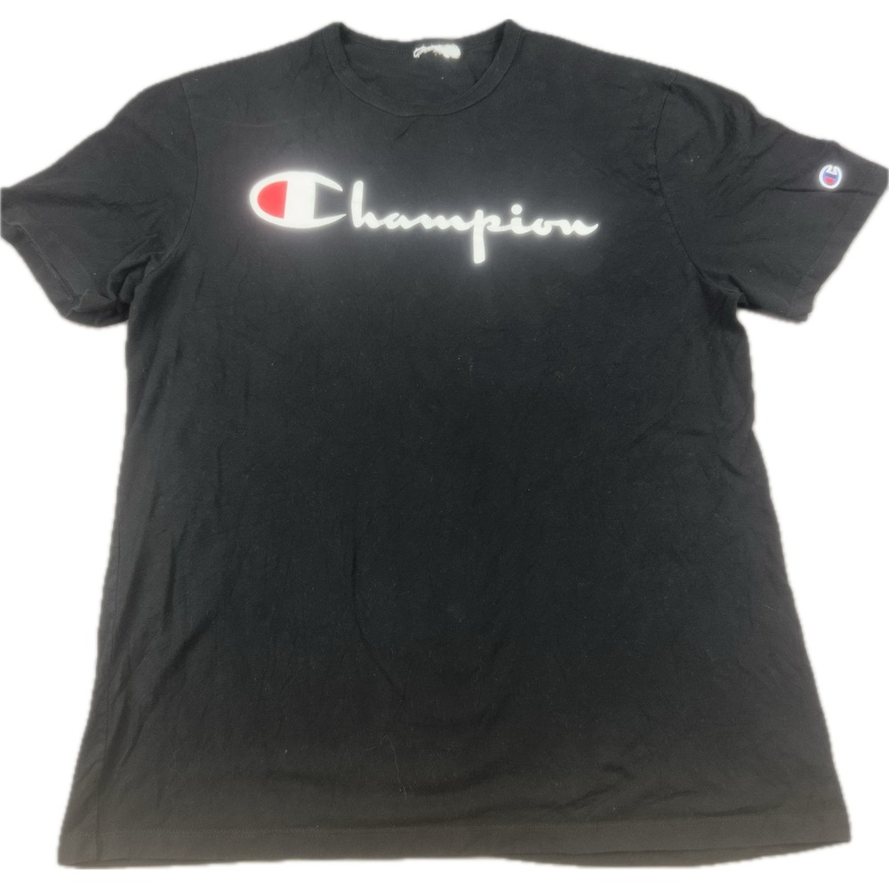 Champion Mens Script Logo T-Shirt Medium Black Short Sleeve Athletic Tee